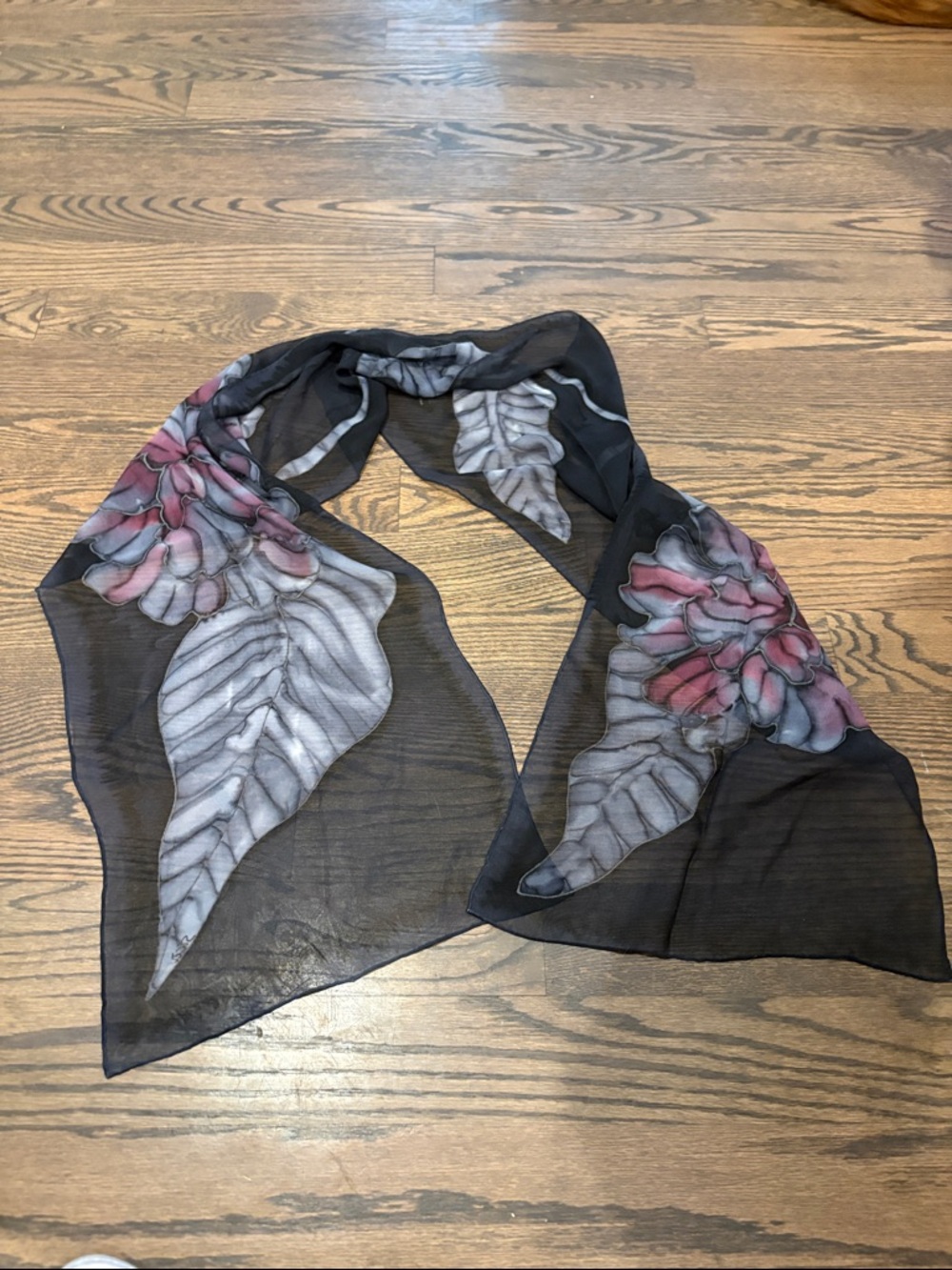 Sheer Black Floral Scarf with Pink Accents